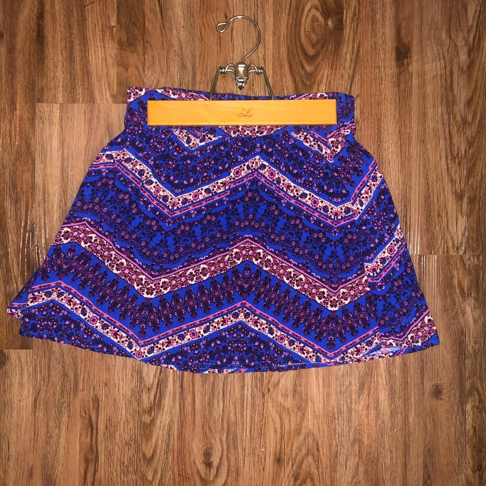 Purple, blue and white patterned mini skirt